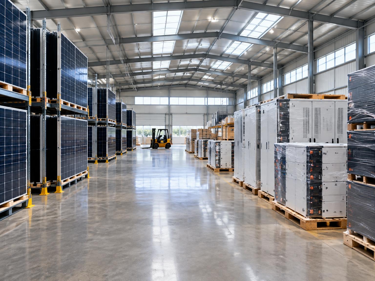 Clean energy equipment distributor warehouse with racked solar panels and inverters